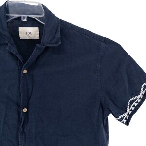 Folk Men's Medium Linen Blend Navy Blue Short Sleeve Shirt Tribal Embroidery